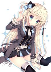 Rule 34 | 1girl, ahoge, arm up, between legs, black bow, black footwear, black jacket, black skirt, black thighhighs, black vest, blonde hair, blue bow, boots, bow, breasts, center frills, commentary request, fingernails, frills, green eyes, hair between eyes, hair bow, hair ornament, hand between legs, head tilt, jacket, long hair, long sleeves, looking at viewer, mitha, one side up, open clothes, open jacket, original, pleated skirt, shirt, sidelocks, signature, sitting, skirt, small breasts, solo, sparkle, thigh boots, thighhighs, very long hair, vest, white background, white shirt, x hair ornament