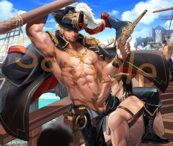 Rule 34 | 4boys, abs, anjingkuxiao, arm up, armpit hair, armpits, bara, bara pirate, bare pectorals, beard, belt collar, blonde hair, chain, cigar, coat, coat on shoulders, collar, erection, eyepatch, facial hair, feet out of frame, fellatio, floating clothes, girthy penis, gun, hat, highres, holding, holding gun, holding weapon, large pectorals, leg on another&#039;s shoulder, licking, licking penis, looking at viewer, male focus, male pubic hair, mature male, multiple boys, muscular, muscular male, navel, nipples, no male underwear, no shirt, open fly, oral, original, pants, pectorals, penis, perspective, pirate, pirate hat, pubic hair, pubic hair peek, red eyes, sample watermark, scar, scar on chest, ship, short hair, slave, smile, solo focus, sparse navel hair, thick eyebrows, uncensored, veins, veiny penis, watercraft, watermark, weapon, yaoi