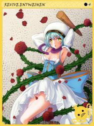 Rule 34 | 1girl, armpits, blue corset, blue hair, blush, breasts, card (medium), cleavage, commentary request, corset, detached sleeves, dress, entweihen crothen, feet out of frame, flower, frilled dress, frilled sleeves, frills, highres, holding, holding staff, looking at viewer, medium breasts, official alternate costume, open mouth, ragnarok online, red flower, red rose, rose, rozelia00, short hair, sleeveless, sleeveless dress, solo, staff, thorns, wanderer (ragnarok online), white dress, white headwear, white sleeves, yellow eyes