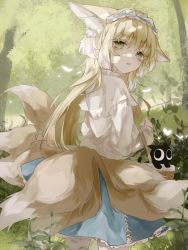 Rule 34 | 1girl, animal ear fluff, animal ears, arknights, basket, black cat, blonde hair, blue hairband, blue skirt, cat, commentary request, crossover, day, fox ears, fox girl, fox tail, frilled hairband, frills, from behind, green eyes, hairband, highres, jacket, kitsune, long hair, long sleeves, looking at viewer, looking back, luo xiaohei, multicolored hair, outdoors, parted lips, puffy long sleeves, puffy sleeves, skirt, sleeves past wrists, suzuran (arknights), suzuran (spring praise) (arknights), tail, luo xiaohei zhanji, tree, two-tone hair, very long hair, white hair, white jacket, yuyuxingzhou