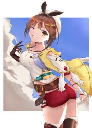 Rule 34 | 1girl, absurdres, ass, atelier (series), atelier ryza, bare shoulders, breasts, brown eyes, brown hair, gloves, grin, hat, highres, large breasts, looking at viewer, mizuyan, one eye closed, red shorts, reisalin stout, short hair, short shorts, shorts, single glove, smile, solo, thighhighs, wink