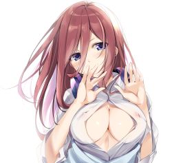 Rule 34 | 1girl, biting, blue eyes, blush, breasts, brown hair, cleavage, collarbone, collared shirt, commentary request, covered erect nipples, finger biting, go-toubun no hanayome, hair between eyes, hands up, headphones, headphones around neck, highres, karory, large breasts, long hair, long sleeves, nakano miku, no bra, open mouth, shirt, simple background, solo, unbuttoned, unbuttoned shirt, upper body, white background, white shirt, wing collar