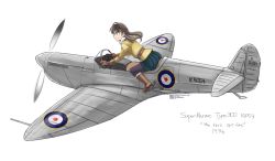 Rule 34 | 1girl, aircraft, airplane, boots, flying, gloves, goggles, goggles on head, highres, military, original, riding, royal air force, skirt, solo, supermarine spitfire, tokihama jirou, vehicle focus, world war ii