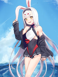 Rule 34 | 1girl, absurdres, aircraft, animal ears, azur lane, bare shoulders, blue jacket, blue skirt, breasts, clothes pull, collarbone, commission, dress, feet out of frame, hair between eyes, hand on own ear, highres, jacket, jacket pull, kuro 0129, long hair, looking at viewer, military, military vehicle, ocean, open mouth, rabbit ears, shimakaze (azur lane), ship, skirt, small breasts, smile, solo, standing, teeth, upper teeth only, warship, watercraft, white hair, yellow eyes