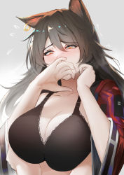 Rule 34 | 1girl, animal ears, arknights, black bra, black hair, blush, bra, breasts, cat ears, cleavage, commentary, earrings, english commentary, grey background, hands up, highres, jacket, jewelry, krirk, large breasts, long hair, nose blush, open clothes, open jacket, orange eyes, red jacket, skyfire (arknights), solo focus, underwear, upper body