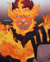 Rule 34 | 1boy, beard, blue bodysuit, blue eyes, bodysuit, boku no hero academia, endeavor (boku no hero academia), facial hair, fire, frown, gloves, highres, ka ji, looking at viewer, male focus, mature male, muscular, muscular male, portrait, pout, red hair, short hair, sideburns, solo, spiked hair, straight-on, upper body, vambraces