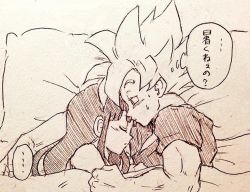 Rule 34 | ..., 1boy, 1girl, bed, bed sheet, black hair, chi-chi (dragon ball), couple, dragon ball, dragonball z, expressionless, long hair, looking at another, monochrome, pillow, short hair, simple background, sleeping, son goku, speech bubble, spiked hair, super saiyan, super saiyan 1, sweatdrop, thought bubble, tkgsize, translation request