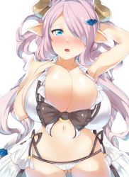 Rule 34 | 10s, 1girl, arm up, armpits, ass, bad id, bad pixiv id, bikini, blush, breasts, bursting breasts, cameltoe, cleavage, draph, gluteal fold, granblue fantasy, hair ornament, hair over one eye, hairclip, highres, horns, huge breasts, long hair, looking at viewer, mizukami ryouma, narmaya (granblue fantasy), narmaya (summer) (granblue fantasy), navel, parted lips, pointy ears, purple hair, simple background, skindentation, solo, sweatdrop, swimsuit, thigh gap, very long hair, white background, white bikini