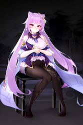 Rule 34 | 1girl, absurdres, breasts, brown pantyhose, choker, clothes lift, cone hair bun, cticket, dress, dress lift, genshin impact, hair bun, hair ornament, highres, keqing (genshin impact), knees together feet apart, large breasts, long hair, looking at viewer, no shoes, off shoulder, pantyhose, purple hair, red eyes, short dress, sitting, solo, stool, twintails, very long hair, white dress, wide sleeves
