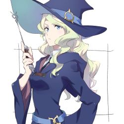 Rule 34 | 1girl, black necktie, blonde hair, blue eyes, blue hat, blue robe, breasts, collared shirt, commentary request, diana cavendish, green hair, hand up, hat, highres, holding, holding wand, hood, hood down, hooded robe, little witch academia, long hair, long sleeves, looking away, multicolored hair, necktie, robe, shirt, small breasts, solo, streaked hair, tama (tama-s), upper body, v-shaped eyebrows, wand, white background, white shirt, wide sleeves, witch hat