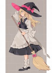 Rule 34 | 1girl, akagashi hagane, apron, back bow, black footwear, black hat, black skirt, black vest, blonde hair, blue eyes, bow, braid, broom, commentary request, from side, full body, grey background, hair bow, hand up, hat, hat bow, holding, holding broom, kirisame marisa, long hair, pink bow, shirt, shoes, single braid, skirt, socks, solo, touhou, two-sided fabric, two-sided headwear, vest, waist apron, white shirt, white socks, witch hat