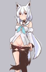 Rule 34 | 1girl, animal ears, asymmetrical legwear, cleft of venus, clothes pull, fox ears, fox girl, fox tail, hololive, pussy, shirakami fubuki, shorts, shorts pull, solo, tail, virtual youtuber, white hair, yokaranuyakara