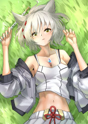 Rule 34 | 1girl, animal ears, breasts, cat ears, chest jewel, cleavage, collarbone, deekei, flute, grass, grey hair, highres, instrument, jacket, light blush, looking at viewer, lying, mio (xenoblade), navel, off shoulder, on back, parted lips, short hair, solo, stomach, toned, upper body, xenoblade chronicles (series), xenoblade chronicles 3