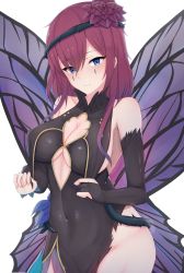Rule 34 | 1girl, black gloves, breasts, chiyo (pk19981234), cleavage, closed mouth, covered navel, facial mark, fairy wings, fire emblem, fire emblem heroes, flower, gloves, hair flower, hair ornament, highres, nintendo, plant, purple hair, simple background, solo, triandra (fire emblem), vines, white background, wings