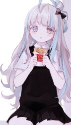 Rule 34 | 1girl, ahoge, black bow, black skirt, black vest, blue hair, blunt bangs, bow, bowtie, collared shirt, food, grey hair, hair bow, hair bun, highres, holding, holding food, long hair, looking at viewer, maruino, mcdonald&#039;s, multicolored hair, nyalra (author), original, parted lips, pleated skirt, shirt, simple background, sitting, skirt, solo, streaked hair, very long hair, vest, white background, white shirt, yellow bow, yellow eyes