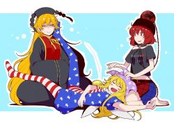 Rule 34 | 3girls, :&gt;, = =, american flag dress, american flag legwear, bare shoulders, barefoot, belt, black dress, black shirt, blonde hair, blue background, blush stickers, breasts, butterfly sitting, chain, closed eyes, clownpiece, collar, commentary request, dress, drooling, eichi yuu, eyelashes, fairy wings, full body, hat, headdress, heart, hecatia lapislazuli, jester cap, junko (touhou), lap pillow, long hair, long sleeves, midriff, miniskirt, moon (ornament), multicolored clothes, multicolored skirt, multiple girls, navel, off-shoulder shirt, off shoulder, open mouth, own hands together, pantyhose, plaid, plaid skirt, red eyes, red hair, shirt, short dress, short sleeves, sitting, skirt, sleeping, sleeves past wrists, sweat, t-shirt, tabard, tassel, touhou, very long hair, wariza, wide sleeves, wings