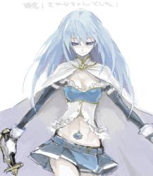 Rule 34 | 10s, 1girl, aged up, alternate hairstyle, armband, bad drawr id, bad id, blue hair, cape, detached sleeves, drawr, evil smile, gloves, long hair, looking at viewer, magical girl, mahou shoujo madoka magica, mahou shoujo madoka magica (anime), meme, midriff, miki sayaka, mnr unk, oekaki, pale skin, simple background, skirt, smile, sword, text focus, too bad! it was just me! (meme), weapon, white background, white gloves