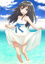 Rule 34 | 1girl, alternate costume, asashio (kancolle), bad anatomy, bad leg, barefoot, black hair, blue eyes, blush, clothes lift, cloud, cloudy sky, collarbone, day, dress, dress lift, fuji (pixiv24804665), hair between eyes, highres, kantai collection, lifting own clothes, long hair, open mouth, sky, smile, solo, sparkle, teeth, upper teeth only, water, white dress