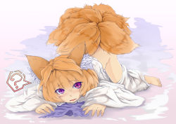 Rule 34 | 1girl, ?, all fours, alternate eye color, animal ears, bed sheet, blonde hair, clothes pull, dress, fox ears, fox girl, fox tail, hayate-s, leaning forward, long sleeves, looking at viewer, multiple tails, pants, pants pull, purple eyes, short hair, slit pupils, solo, tabard, tail, touhou, white dress, wide sleeves, yakumo ran