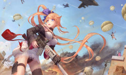 Rule 34 | &gt; &lt;, 3girls, ahoge, aircraft, animal, bag, battle rifle, battlefield, black panties, black skirt, blonde hair, blue eyes, bow, box, braid, breasts, choker, commentary, dress, explosion, fal (girls&#039; frontline), fire, five-seven (girls&#039; frontline), flower, fn fal, fnp-9 (girls&#039; frontline), girls&#039; frontline, gloves, gun, hair flower, hair ornament, hair ribbon, handbag, hat, helicopter, highres, holding, holding gun, holding weapon, jay xu, lace, lace-trimmed dress, lace trim, large breasts, long hair, military hat, motion blur, multiple girls, off shoulder, open mouth, panties, parachute, pink hair, ponytail, pouch, reaching, reaching towards viewer, red scarf, ribbon, rifle, scarf, scenery, scope, side ponytail, silhouette, silver hair, single thighhigh, skirt, sky, smoke, sweat, thigh pouch, thigh strap, thighhighs, thighs, underwear, very long hair, water tower, weapon, wind, wind lift