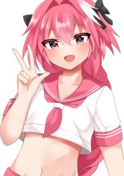 Rule 34 | 1boy, astolfo (fate), astolfo (sailor paladin) (fate), bad id, bad pixiv id, black bow, black ribbon, bow, braid, fang, fate/apocrypha, fate (series), hair between eyes, hair intakes, highres, long braid, looking at viewer, male focus, midriff, multicolored hair, navel, official alternate costume, pink hair, purple eyes, red sailor collar, ribbon, sailor collar, simple background, single braid, skin fang, solo, streaked hair, trap, v, white background, zenchi (061799)