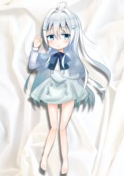 Rule 34 | 1girl, absurdres, barefoot, bed, blue capelet, blue eyes, blue neckwear, blush, bow, bowtie, capelet, copyright request, dakimakura (medium), dress, grey dress, hair ornament, highres, kanna shizuku, long hair, long sleeves, looking at viewer, lying, open mouth, silver hair, wing hair ornament