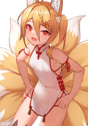 Rule 34 | 1girl, animal ear fluff, animal ears, arpeggio kaga, blonde hair, breasts, china dress, chinese clothes, dress, fox ears, fox girl, fox tail, hair between eyes, highres, looking at viewer, multiple tails, open mouth, original, red eyes, short hair, simple background, sleeveless, sleeveless dress, small breasts, solo, standing, tail, thighs, white background, white dress