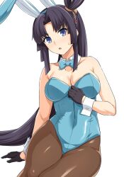 Rule 34 | 1girl, animal ears, aqua leotard, black gloves, black hair, blue eyes, bow, bowtie, breasts, brown pantyhose, commentary request, detached collar, fate/grand order, fate (series), gloves, haruhisky, highres, invisible chair, large breasts, leotard, long hair, looking at viewer, pantyhose, playboy bunny, rabbit ears, side ponytail, simple background, sitting, solo, strapless, strapless leotard, ushiwakamaru (fate), very long hair, white background, wrist cuffs