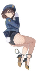 Rule 34 | 1girl, absurdres, ankle cuffs, ass, black footwear, black hair, black leotard, blue eyes, blue hat, blue jacket, commentary request, cuffs, ddal, fake tail, fishnet pantyhose, fishnets, gloves, handcuffs, hat, high heels, highres, jacket, leotard, long sleeves, looking at viewer, looking back, lying, nontraditional playboy bunny, on side, open mouth, original, pantyhose, police, police hat, police uniform, policewoman, rabbit tail, short hair, solo, tail, uniform, white gloves