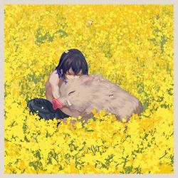Rule 34 | 1boy, animal, black hair, blue hair, boar, bug, butterfly, closed eyes, flower, giaour, gradient hair, hashibira inosuke, holding, holding animal, hug, insect, kimetsu no yaiba, male focus, multicolored hair, outdoors, solo, topless male, tusks