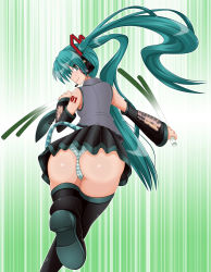 Rule 34 | 1girl, aqua eyes, aqua hair, ass, bare shoulders, boots, detached sleeves, dual wielding, female focus, from behind, hatsune miku, headset, highres, holding, lipstick, long hair, looking back, makeup, panties, shiny skin, skirt, smile, solo, spring onion, striped clothes, striped panties, tattoo, thighhighs, tk (butakuma), twintails, underwear, very long hair, vocaloid