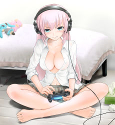 Rule 34 | 1girl, angry, aqua eyes, bad id, bad pixiv id, bare legs, barefoot, bed, blue eyes, blush, breasts, character doll, cleavage, collarbone, comugico, controller, covered erect nipples, dildo, doll, dualshock, feet, female focus, full body, game console, game controller, gamepad, grey skirt, hatsune miku, headphones, highres, holding, holding controller, indian style, indoors, legs, long hair, looking at viewer, medium breasts, megurine luka, navel, on floor, open clothes, open shirt, panties, pig, pink hair, plaid, plaid skirt, playing games, playstation 4, playstation controller, pleated skirt, sex toy, shirt, sitting, skirt, solo, stuffed animal, stuffed toy, tissue, tissue box, underwear, unworn panties, vibrator, vocaloid, white shirt