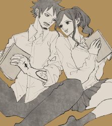 Rule 34 | 1boy, 1girl, :d, arm tattoo, book, breasts, commentary request, earrings, facial hair, goatee, hand tattoo, heads together, hetero, highres, holding, holding book, jewelry, large breasts, long hair, long sleeves, looking at another, nico robin, nsgw, one piece, open mouth, pants, ponytail, school uniform, shirt, short hair, sitting, skirt, smile, socks, sweater, tattoo, trafalgar law