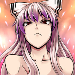 Rule 34 | &gt;:&lt;, 1girl, :&lt;, bare shoulders, bow, closed mouth, collarbone, commentary request, frown, fujiwara no mokou, hair bow, kuon yashiro, long hair, looking up, red eyes, scowl, solo, touhou, upper body, v-shaped eyebrows, white hair