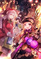 Rule 34 | 1boy, 3girls, bag, black dress, black gloves, black hair, black headwear, box, braid, brown hair, chacha (fate), christmas, christmas lights, closed eyes, closed mouth, dress, fate/grand order, fate (series), floating hair, florence nightingale (fate), florence nightingale (santa) (fate), formal, gift, gift box, gloves, grey hair, hat, holding, holding bag, holding gift, long hair, long sleeves, multiple girls, night, night sky, official art, open mouth, oryou (fate), outdoors, pink eyes, pointing, red dress, red eyes, rioka (southern blue sky), sakamoto ryouma (fate), santa dress, santa hat, second-party source, shopping bag, short hair, sky, smile, stuffed animal, stuffed toy, suit, teeth, upper teeth only, white gloves, white headwear, white suit