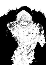 Rule 34 | 1boy, blood, blood on face, cigarette, coat, coat on shoulders, donquixote rocinante, fur coat, greyscale, hair over one eye, hat, highres, hood, ichinose106, looking at viewer, makeup, male focus, monochrome, one piece, shirt, smile, smoking, solo