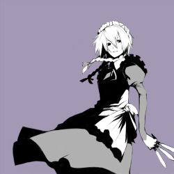 1girl female_focus izayoi_sakuya lowres monochrome oguchi purple_background purple_theme solo touhou