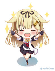 Rule 34 | 1girl, black gloves, black ribbon, black serafuku, black skirt, blonde hair, chibi, commentary, commentary request, english commentary, closed eyes, facing viewer, fingerless gloves, full body, gloves, hair flaps, hair ornament, hair ribbon, hairclip, kantai collection, long hair, looking at viewer, mixed-language commentary, neckerchief, outstretched arms, pleated skirt, red neckerchief, ribbon, roshi chen, sailor collar, scarf, school uniform, serafuku, simple background, skirt, solo, sparkle, twitter username, white background, white sailor collar, white scarf, yuudachi (kancolle)