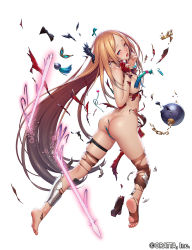 Rule 34 | 1girl, arrow (projectile), ass, ball and chain restraint, barefoot, blonde hair, blue eyes, blush, chloris garden, convenient censoring, dimples of venus, exploding clothes, feet, from behind, full body, hands up, looking at viewer, looking back, mana (remana), nude, official art, open mouth, parted bangs, simple background, soles, solo, tassel, toes, torn clothes, watermark, white background