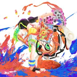 Rule 34 | 1girl, ass, bad id, bad twitter id, bike shorts, green eyes, grin, handstand, headphones, inactive account, inkling, inkling girl, inkling player character, long hair, looking at viewer, nintendo, one arm handstand, orange hair, paint, simple background, smile, solo, splatoon (series), splatoon 1, tentacle hair, white background, wristband, xxzero