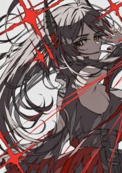 Rule 34 | + +, 1girl, arknights, arm up, black hair, black vest, commentary, covered mouth, demon girl, demon horns, grey background, highres, horns, ines (arknights), ligne claire, long hair, looking at viewer, looking back, pouch, shokikanes, simple background, solo, sparkle, string, upper body, vest, yellow eyes