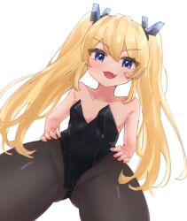 Rule 34 | 1girl, :d, alternate costume, bandaid, bandaid on cheek, bandaid on face, black leotard, blonde hair, blue eyes, blush, breasts, brown pantyhose, fang, gluteal fold, goddess of victory: nikke, highleg, highleg leotard, highres, hinohinoki, laplace (nikke), leotard, long hair, open mouth, pantyhose, sidelocks, simple background, skin fang, small breasts, smile, solo, strapless, strapless leotard, twintails, white background