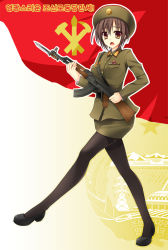 Rule 34 | 1girl, :o, ak-47, assault rifle, axis powers hetalia, badge, bayonet, belt, breasts, brown eyes, brown hair, brush, coat of arms, communism, dam, flag, full body, gun, hammer, hammer and sickle, hat, kalashnikov rifle, korean text, kukan, looking at viewer, medal, military, military hat, military uniform, mountain, north korea, open mouth, original, outline, pantyhose, power lines, propaganda, red pixiv, red theme, rifle, sad, shoes, short hair, sickle, solo, star (symbol), thighband pantyhose, uniform, walking, weapon, white outline