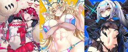 Rule 34 | 3girls, abs, animal hands, aqua eyes, baobhan sith (fate), baobhan sith (swimsuit pretender) (fate), baobhan sith (swimsuit pretender) (first ascension) (fate), barghest (fate), barghest (swimsuit archer) (fate), barghest (swimsuit archer) (final ascension) (fate), bikini, black bikini, blonde hair, blush, breasts, cernunnos (fate), character hood, commentary, detached collar, ebora, english commentary, fate/grand order, fate (series), fish bottle, grey eyes, gun, hair ornament, hairclip, hand on own hip, headwear with attached mittens, highres, huge breasts, jacket, long hair, looking at viewer, machine gun, mask, medium breasts, melusine (fate), melusine (swimsuit ruler) (fate), melusine (swimsuit ruler) (first ascension) (fate), midriff, mouth mask, multicolored bikini, multicolored clothes, multiple girls, muscular, muscular female, navel, o-ring, o-ring bikini, open mouth, pink background, pink hair, pointy ears, ponytail, pubic tattoo, red skirt, rocket launcher, shiny skin, shrug (clothing), sidelocks, skindentation, skirt, small breasts, smile, standing, star (symbol), swimsuit, tattoo, thighs, tongue, tongue out, two-tone eyes, underboob, very long hair, weapon, white bikini, white hair, white jacket, yellow eyes