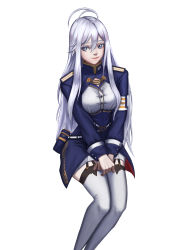 Rule 34 | 1girl, 86 -eightysix-, absurdres, ahoge, blue jacket, breasts, closed mouth, crush kim, feet out of frame, garter straps, grey eyes, grey hair, highres, jacket, lips, long hair, long sleeves, looking at viewer, medium breasts, military, military uniform, sitting, smile, solo, thighhighs, uniform, vladilena millize, white background, white thighhighs
