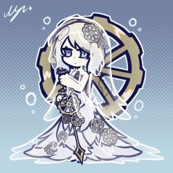 Rule 34 | 1girl, bare shoulders, blue eyes, bridal veil, chibi, clock, clock print, dress, e.g.o (project moon), faust (project moon), gears, hair ornament, highres, holding, holding weapon, limbus company, looking at viewer, minji mj2802, project moon, short hair, signature, solo, veil, weapon, wedding dress, white dress, white hair