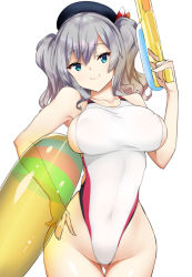 Rule 34 | 1girl, beret, black hat, breasts, c@rbon, commentary request, competition swimsuit, covered erect nipples, cowboy shot, green eyes, hat, highleg, highleg swimsuit, innertube, kantai collection, kashima (kancolle), large breasts, looking at viewer, one-piece swimsuit, sidelocks, silver hair, simple background, solo, swim ring, swimsuit, thigh gap, transparent innertube, tsurime, twintails, water gun, wavy hair, white background, white one-piece swimsuit