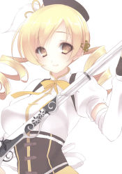 Rule 34 | 1girl, ayase hazuki, beret, blonde hair, blush, bow, bowtie, breasts, brown eyes, closed mouth, drill hair, gun, hair ornament, hat, highres, holding, holding weapon, lips, long hair, mahou shoujo madoka magica, mahou shoujo madoka magica (anime), medium breasts, puffy sleeves, rifle, scan, shiny skin, short sleeves, simple background, solo, tomoe mami, upper body, weapon, white background, yellow bow