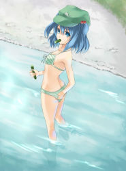 Rule 34 | 1girl, adjusting clothes, adjusting swimsuit, bad id, bad pixiv id, bikini, blue eyes, blue hair, butt crack, cucumber, eating, female focus, green bikini, hair bobbles, hair ornament, hat, kawashiro nitori, looking back, matching hair/eyes, mouth hold, short hair, solo, swimsuit, tadokoro teppei, touhou, twintails, two side up, wading