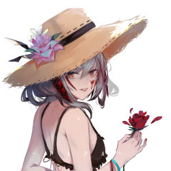 Rule 34 | 1girl, arknights, artist name, bare arms, bikini, black bikini, blood, blood on face, brown hat, commentary, flower, from behind, grey hair, hat, hat flower, highres, holding, holding flower, horns, looking at viewer, looking back, medium hair, nail polish, papa (839171447), parted lips, pink flower, red eyes, red flower, red nails, red rose, rose, simple background, smile, solo, spaghetti strap, straw hat, sun hat, swimsuit, upper body, w (arknights), white background, white flower